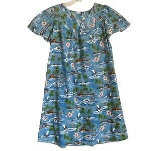 Vintage Hilo Hattie Midi A-line Dress M Blue Palm Tree Island Cotton Round Neck